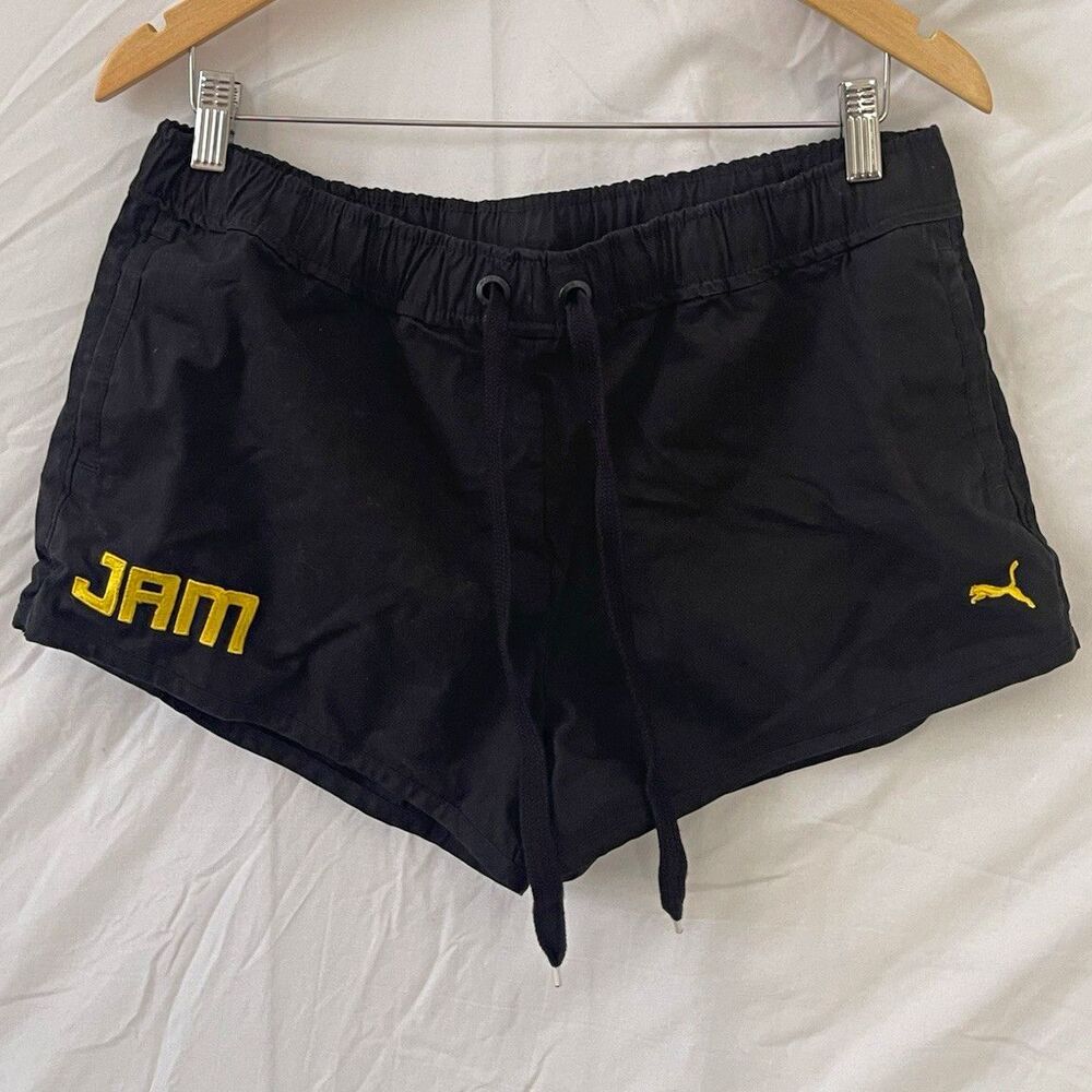 PUMA Women’s Black Track Shorts Drawstring Elastic Waist Jamaica Embroidered-M